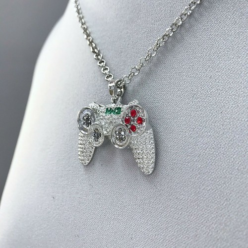 Silver Finish Chain Playstation Game Controller PS3 PS4 Pendant Rhinestone - Picture 2 of 3