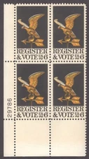 Scott # 1344 - US Plate Block Of 4 - Register & Vote - MNH - 1968