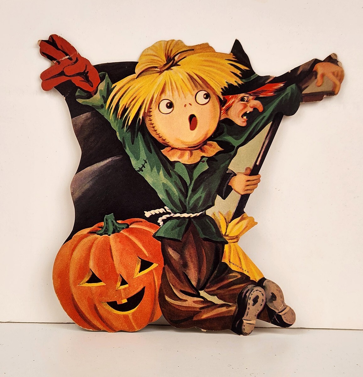 Vintage Halloween DENNISON Scarecrow & Witch Die Cut Flat Decoration 1950's USA