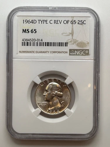 1964 D Washington Quarter NGC MS65 Type C Rev of 65 Rare (NGC Population 32)