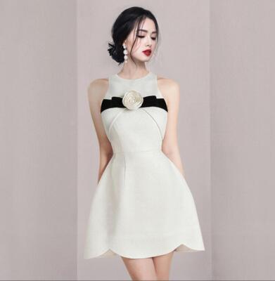 Womens 2024 Fashion Two Tone Round Neck Sleevless Flower Short Flared Dress  | eBay