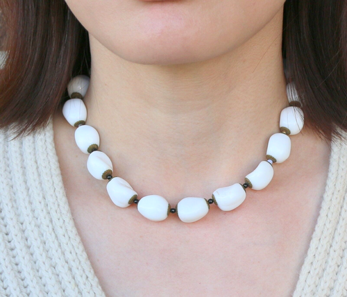 VTG Miriam Haskell Signed Milk Glass Bead Necklace w/Flower Clasp & Earrings Set - Picture 2 of 15