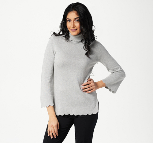 Isaac Mizrahi Women's Live! Scallop Hem Turtleneck Sweater Light Grey Size Small - Picture 1 of 6