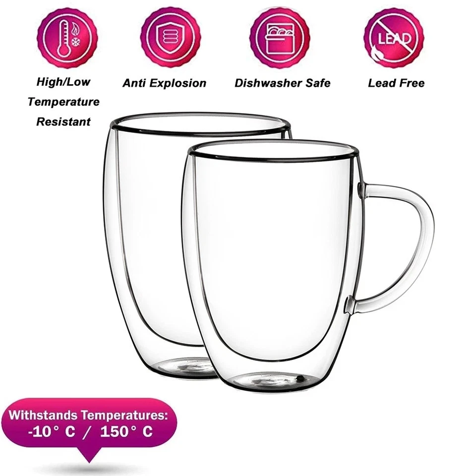 Double Wall Insulated Glass Coffee Glass Mug Tea Cup With Handle 150/250/350/450 - Image 4 of 4