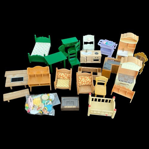 Calico Critters Accessory Lot And Mixed Furniture Food, Plates, Bed, Chairs