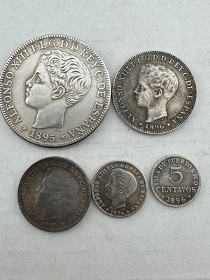 Puerto Rico 1895/1896/ Lot 5 coins 1 Peso, 40 Centavos, 20 C, 10 C, 5 C