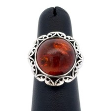 Estate 925 Sterling Silver Round Amber Solitaire Filigree Statement Ring