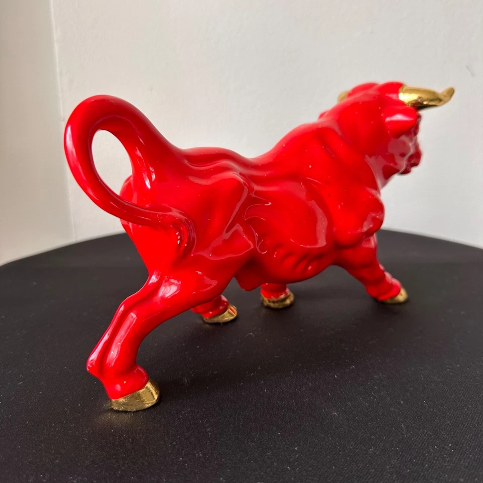 Vintage MCM Red and Gold Ceramic Charging Bull Figurine Made in Japan - Image 4 of 4