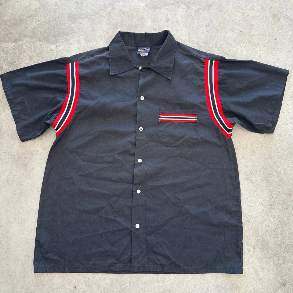 Camisa anos 90 Hilton Bowling Mechanic Delilah's Chicago mangas listradas botão para cima G - Imagem 2 de 4