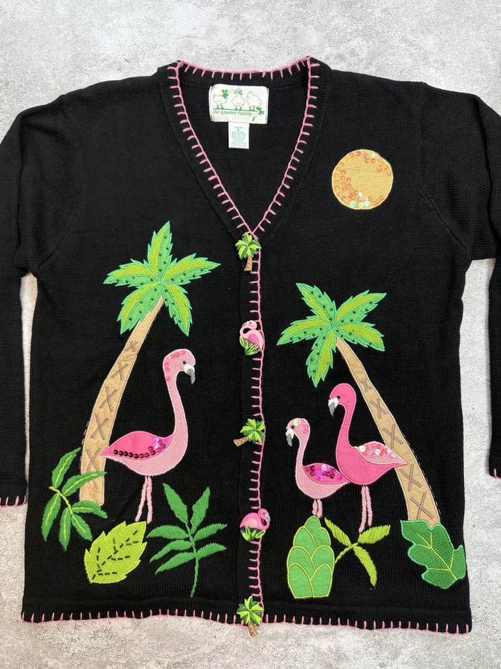 Quacker Factory Cardigan Sweater Womens Medium Black Flamingo Palm Tree Applique - Image 2 of 4