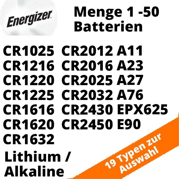 Energizer CR 1025 - CR2450 3V Knopfzellen A11 A23 A27 A544 E90 EPX625 - 20 Typen - Bild 1 von 1