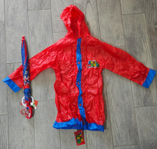 NEW Boys Super Mario Bros Red Blue Raincoat Umbrella Set Size Large Hooded