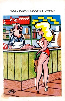 POSTKARTE COMIC MÄDCHEN GROSSE BRÜSTE LADEN BENÖTIGEN FÜLLUNG