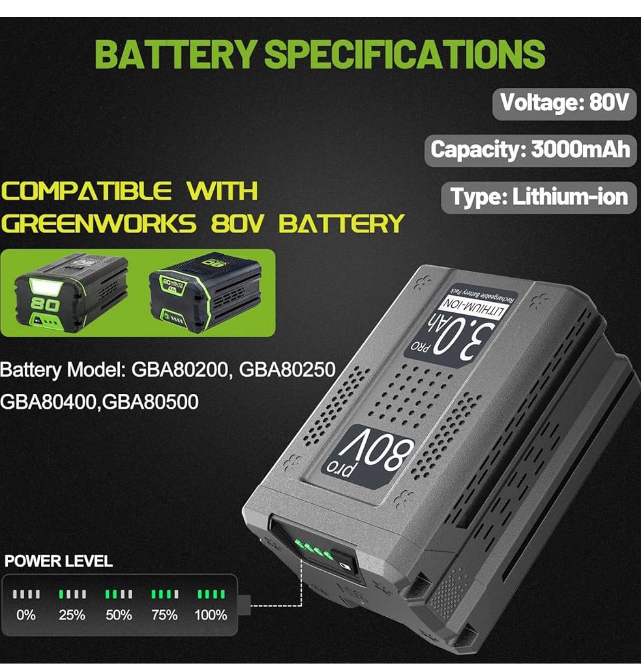 For Greenworks Pro 80V Battery 3.0Ah Lithium-ion GBA80200 80V GST80320 Fast Ship