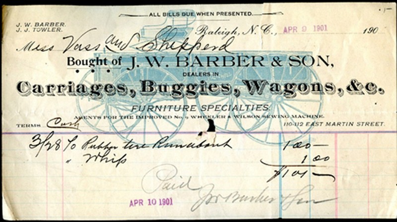 Barber & Son receipt-carriages, buggies, wagons,whips