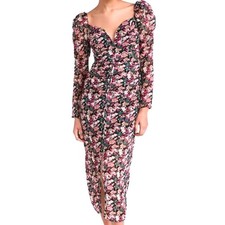 ASTR The Label Floral Midi Dress Size Medium Ruched Puff Sleeve Teal Pink Black