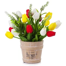 ENOVA FLORAL 20 Heads Fake Flowers in Pot, Potted Artificial Tulip Flowers Re...