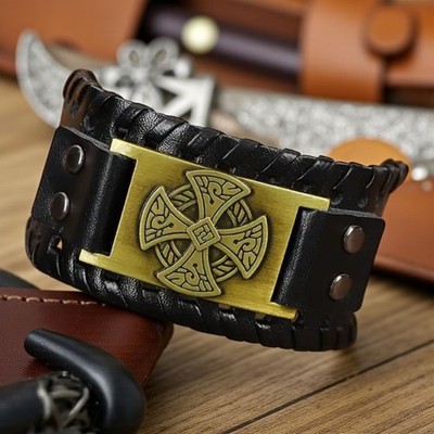 Monas Wikinger Medaillon Herren Armband Leder Edelstahl Dornschließe Gürtel Gold