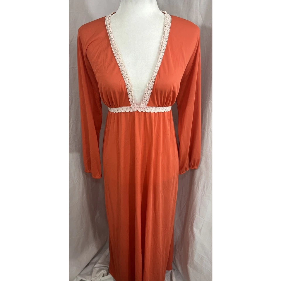 Vintage 60s Gilead Lace Trim Long Nightgown Empire Plunge Coral Women SZ Large - Image 3 of 4