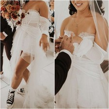 For Love & Lemons Eve Ivory Lace Corset High-Low Tulle Gown Sz Large Wedding