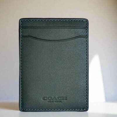 Coach Money Clip Card Case Mens Army Green Leather C6702 Wallet