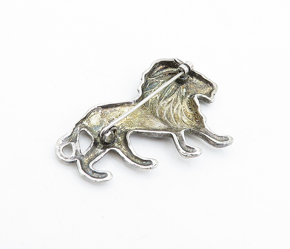 925 Sterling Silver Vintage Marcasite Decorated Lion Motif Brooch