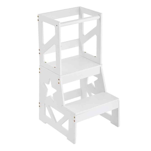 Toddler Step Stool, Natural Pine Wood Kids Stool Helping with Safety Rail, Stand