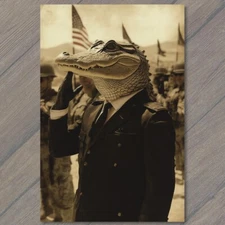 POSTCARD Alligator Military Uniform Surreal Scene Soldier Weird Army Retro Suit