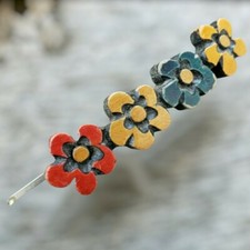 Vintage 70's Hair Clip Power Flowers Wooden Carved Hippie Groove Barrette