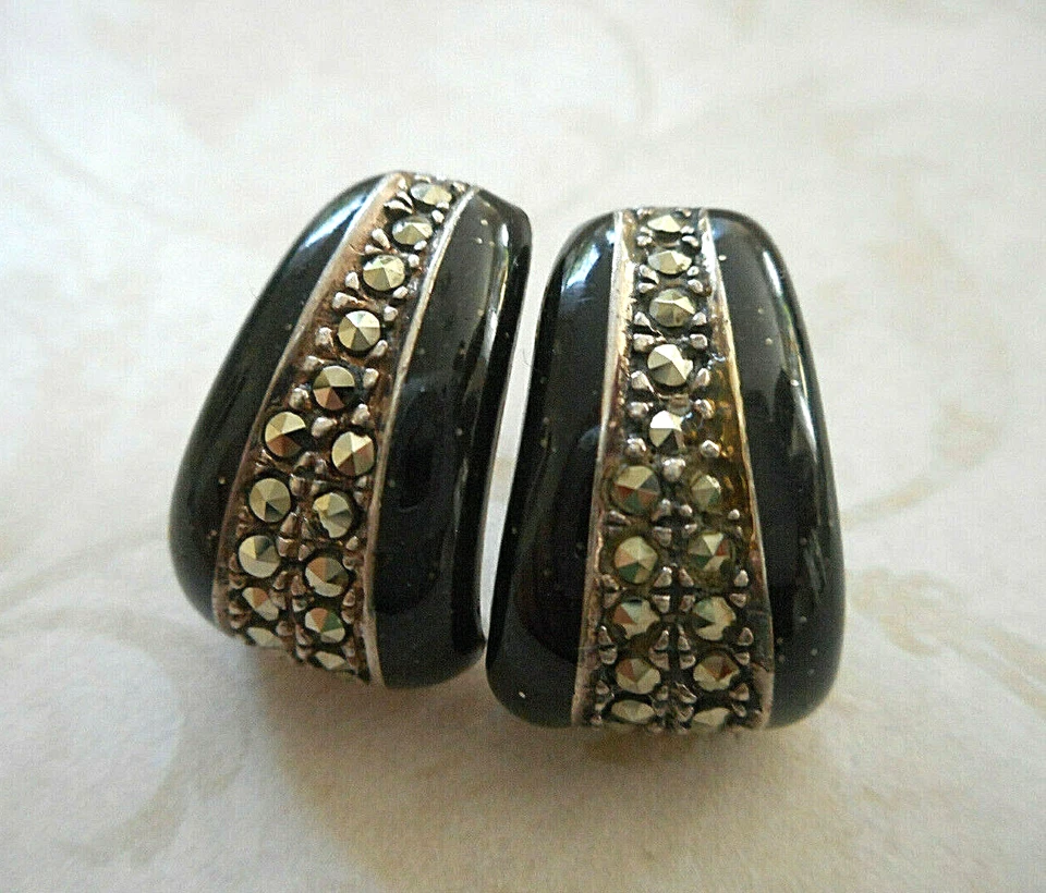 Sterling Silver Black Resin with Sparkles Marcasite Earrings E24-9 - Image 2 of 4