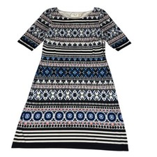 Eliza J Black Blue Ivory Medallion Stripe Geometric Print Midi Shift Dress 8