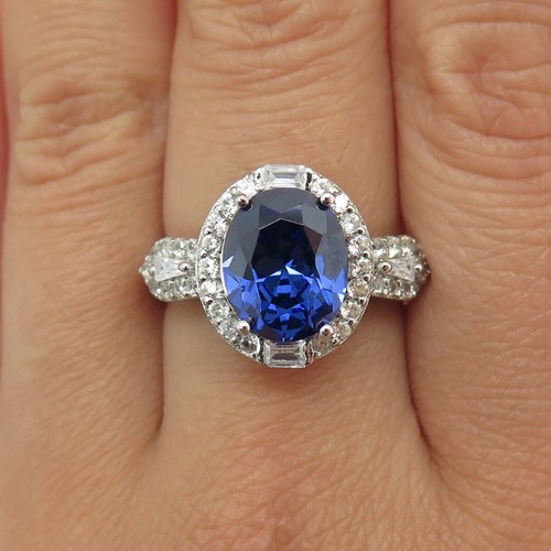 925 Sterlingsilber oval konisch Baguette & Rundschliff blau weiß C Z Ringgröße 8 - Bild 1 von 8