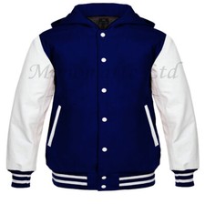 Varsity Letterman baseball Navy wool  White Genuine Leather Sleeves Hoodie