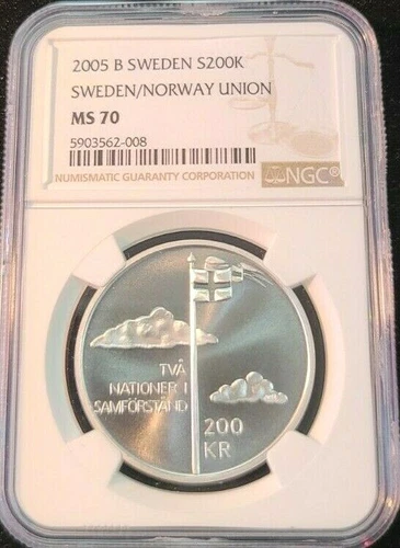 2005 SWEDEN SILVER 200 KRONOR SWEDEN NORWAY UNION NGC MS 70 SCARCE PERFECT COIN
