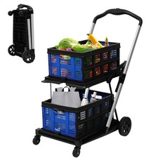 Collapsible Shopping Cart with 2 Bins Grocery Cart on Wheels Multi Use Two Ti...