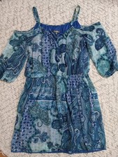 Neiman Marcus Boho Blue And White Off Shoulder Elastic Waistband  Size L Dress