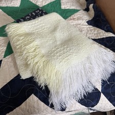 Vintage 70s Maycrest Yellow Fringe Acrylic Baby Blanket Made in Japan 30x34 MCM