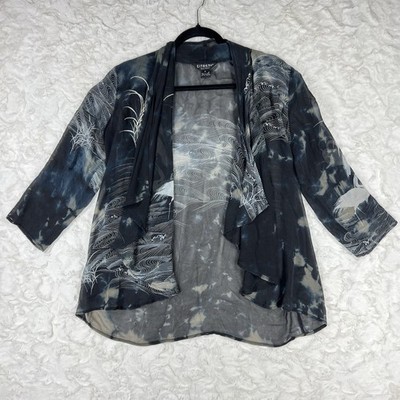 Citron Santa Monica Open Front Silk Jacket Sz M Black Tie Dye Asian Crane Wave