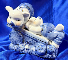 Playful Blue and white with gold trim Ceramic Pigs 75