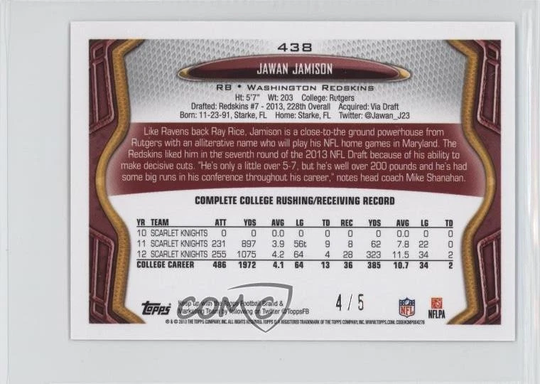 2013 Topps Mini Black /5 Jawan Jamison #438 Rookie RC - Image 2 of 2