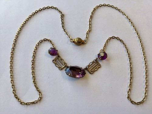 VINTAGE ART DECO PURPLE RHINESTONE FILIGREE NECKLACE Z8