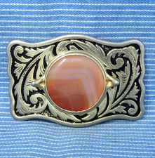 Western Scroll Belt Buckle Cowboy Cowgirl Orange Banded Agate Vtg 80s  .CPA849