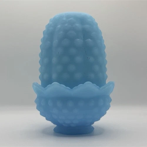 Fenton Fairy Lamp Blue Satin Hobnail Milk Glass Candle Holder Two-Piece
