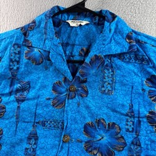 Vintage Aloha Shirt Mens Small Blue Floral Hawaiian 50s 60s Loop Collar Camp