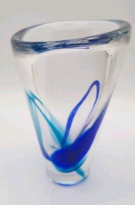 Maastricht Vase Kunstglas Max Verboeket blaue Streifen um 60er 70er signiert asymmetrisch