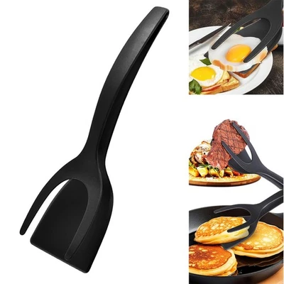 2 in 1 Non Stick Grip Flipper Pancake Fried Egg Steak Spatula Clamp Turner Tong