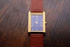 vintage Seiko Slim Tank Quartz Men Blue Dial Light Brown Leather Dress Watch