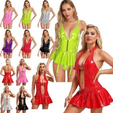 Womens Faux Leather Teddy Leotard Mini Dress Wet Look Back Lace-up Garters Dress
