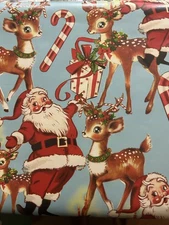 VTG STYLE CHRISTMAS GIFT WRAPPING PAPER  ADORABLE SANTA CLAUS REINDEER 30sq FT