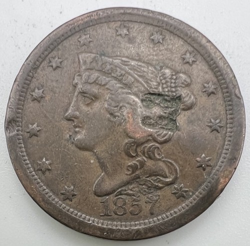 1857 Half Cent, Braided Hair Scarce Date - VF to XF w/ Counterstamp - 1/2c
